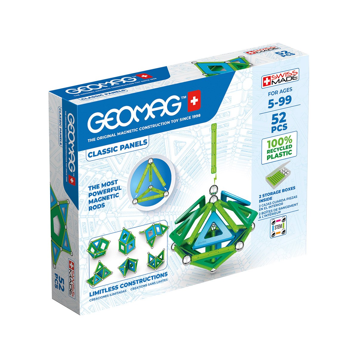 Jouets éducatifs pour Garçons et Filles 100% Recyclé Geomag Jeux de Construction Magnétique pour enfants Collection Green Panels 78 pièces