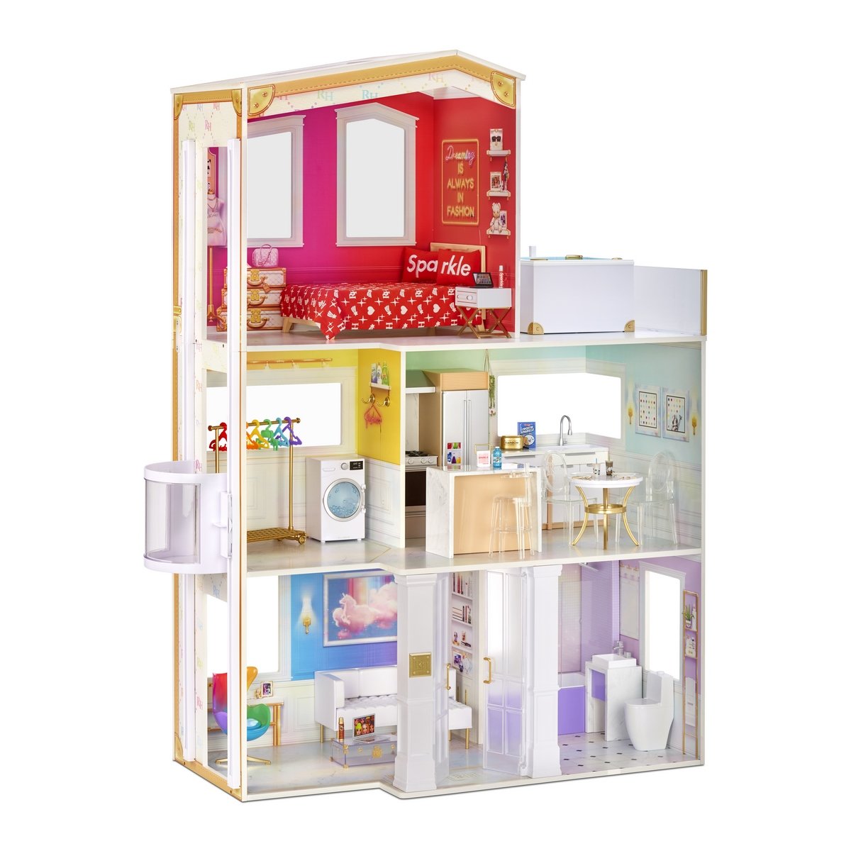 Rainbow High – Maison de poupée de 3 étages (Hauteur : 120 cm, Largeur : 90  cm), Entièrement meublée avec Baignoire Fonctionnelle, Douche, évier,  Ascenseur & + 50 Accessoires, 6 à 12 Ans : : Jeux vidéo