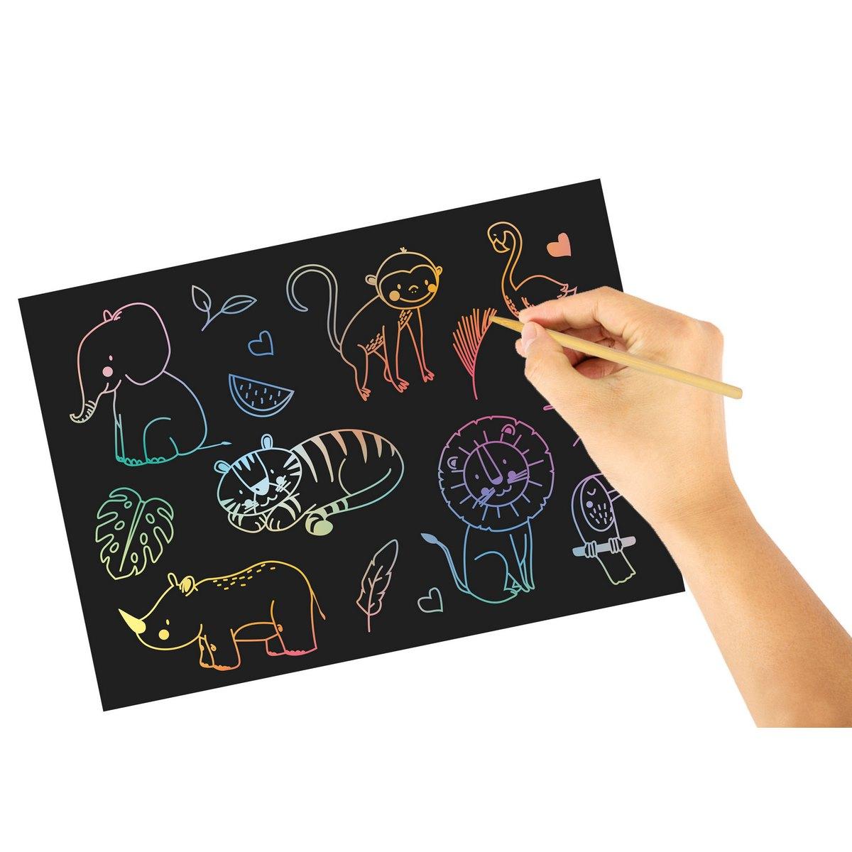 Kit 4 Images à Gratter Paon - Brille Dans Le Noir, Crayon Inclus, 28.5x21 Cm, Pour Enfants Et Adultes