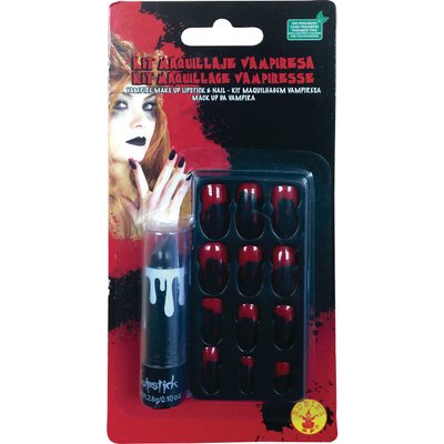 Kit de maquillage vampiresse : rouge à lèvres et faux-ongles sang