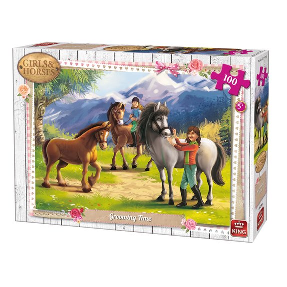 Puzzle 100 pièces King - Girls & Horses Toilettage cheval