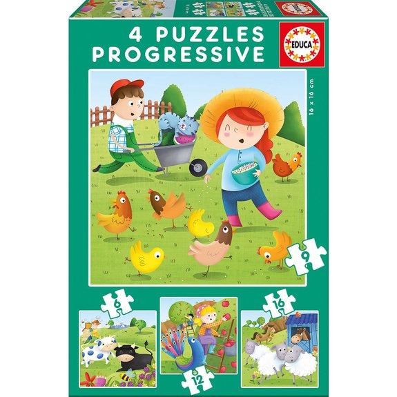 Coffret de 4 puzzles progressifs Animaux de la ferme : 6, 9, 12 et 16 pièces