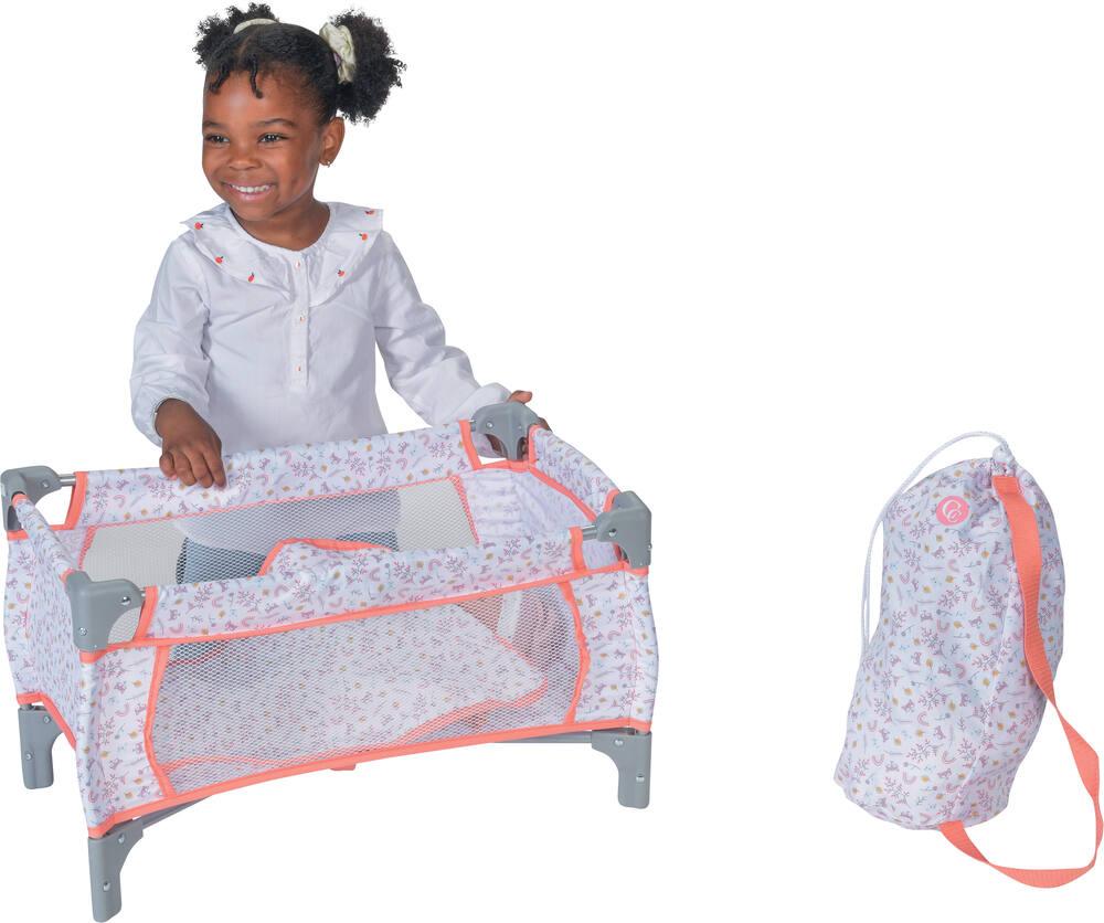 Lit parapluie de poupee pliant 56 x 32 x 33 cm, tissu rose coeurs - Lit