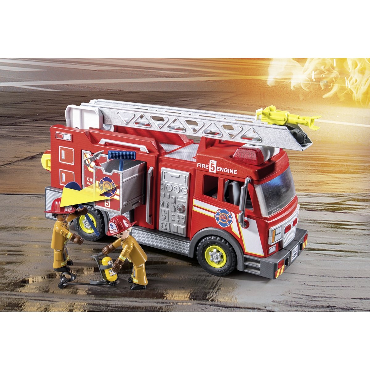 Grand camion de pompier a echelle mobile, jouet en bois Goki