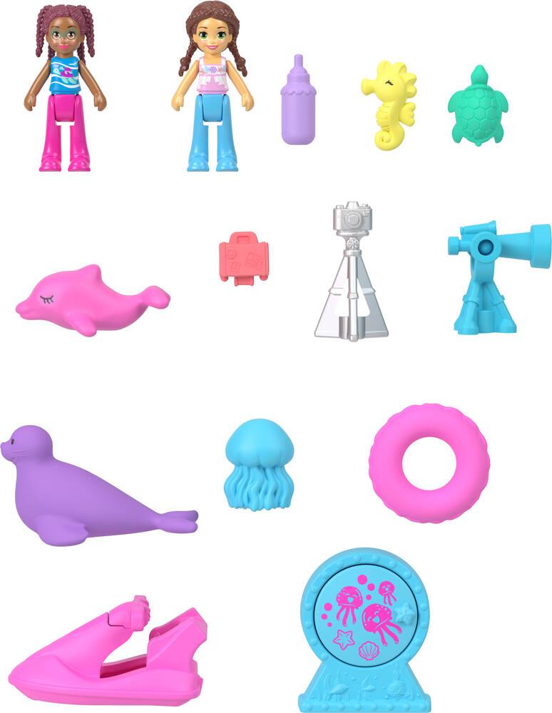 Polly Pocket Coffret La Plage Des Dauphins – Mini Figurines Polly Et Sirène, 13 Accessoires, 5 Surprises, Sangle De Poignet, Dès 4 Ans