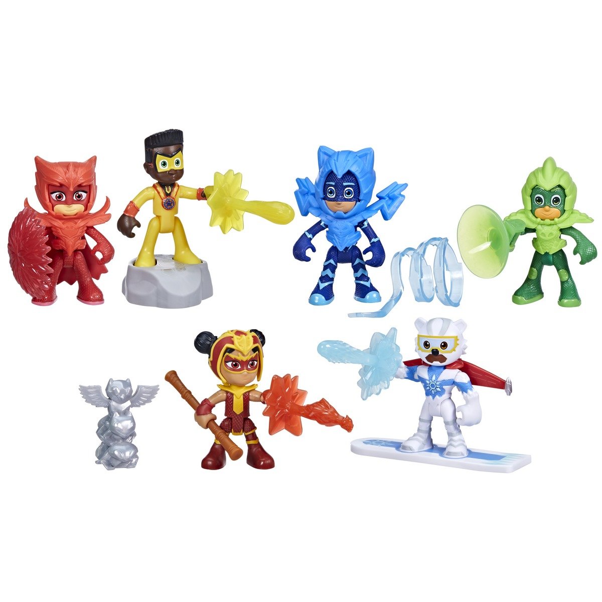 4 figurines super héros Pyjamasques, Yoyo, Bibou, Gluglu et flamme rouge