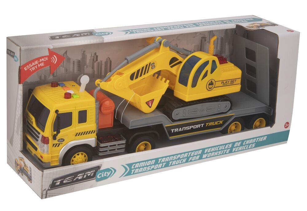 Herefun – Camion Transporteur Avec Son Et Lumière – 5 Véhicules De Construction + Grue – Cadeau 2-3 Ans