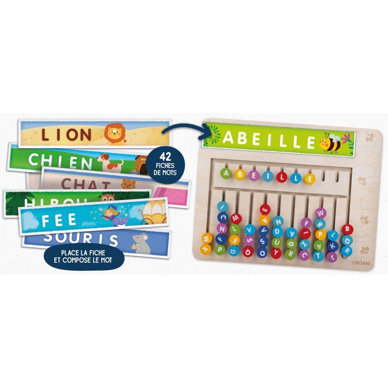 Lisciani - Montessori Crée Des Mots - Lettres Jeu éducatif En Bois Avec 42 Cartes éducatives Et Tableau - Jeu éducatif Montessori à Partir De 3 Ans - ABC Préscolaire - Jouet