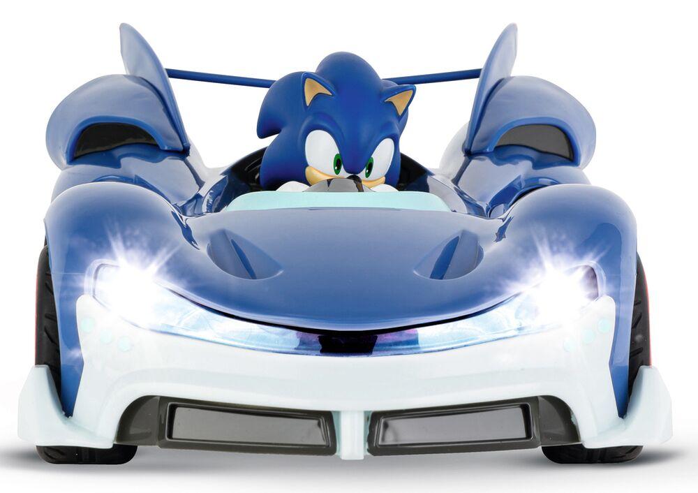 Sonic the Hedgehog | Véhicule Sonic Radio-télécommandée | Fonction 360 + Boost | 30 M | Figurine Sonic Articulée 15 Cm + Mannette Anneau Dorée Inclus | Jouet Lumineux et Rapide | Cadeau Enfant 4 Ans
