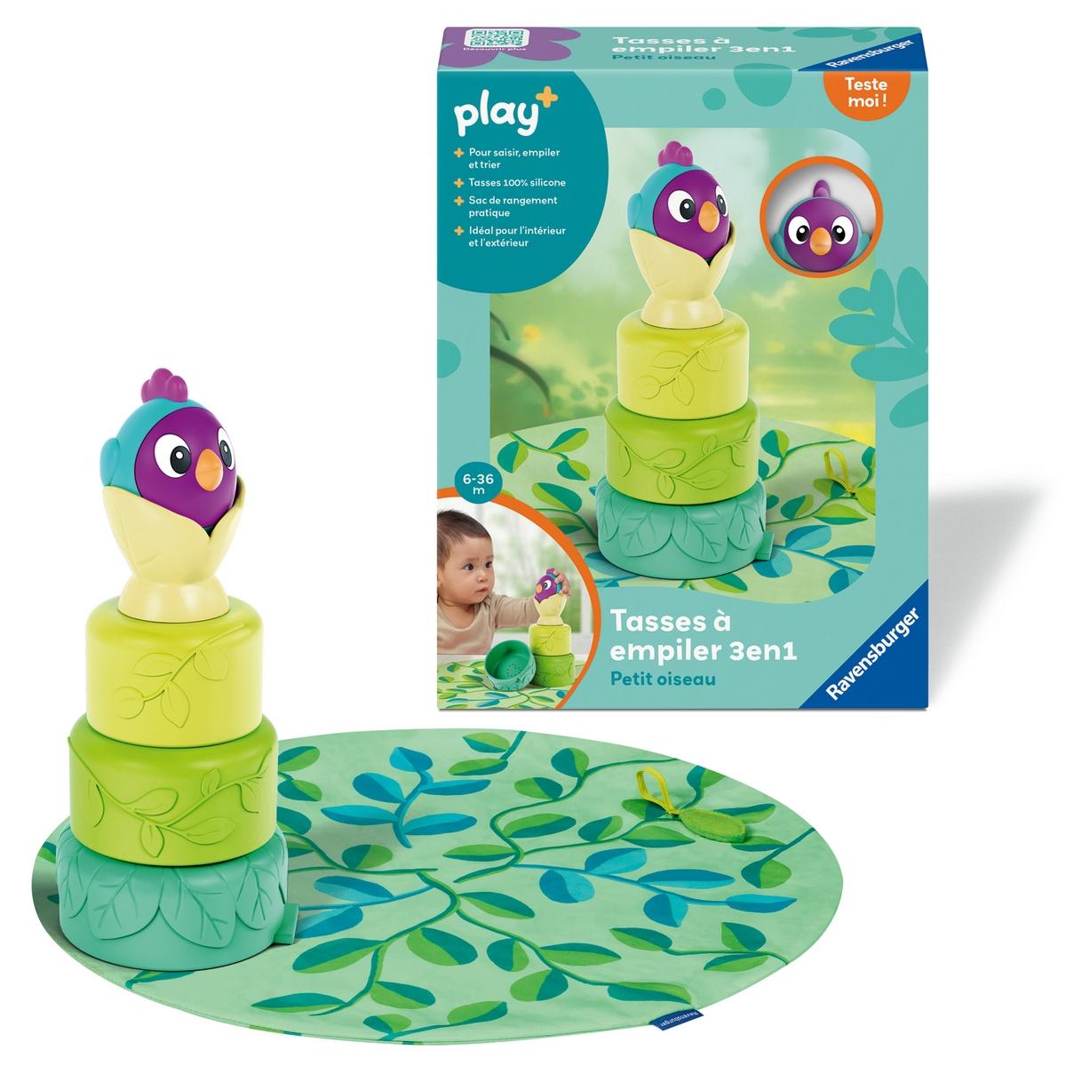 Ravensburger Play+ Tazze Impilabili Uccellino 3 In 1 – Giocattolo Sensoriale In Silicone 6+ Mesi, Con Borsa