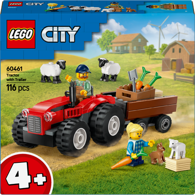 Tracteur agricole rouge avec remorque et moutons LEGO City 60461
