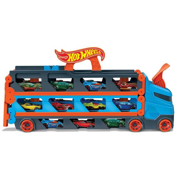 Super Transporteur Hot Wheels Extensible – Range Jusqu’à 20 Voitures – Se Transforme En Piste De 182 Cm – 3 Voitures Incluses – Dès 4 Ans